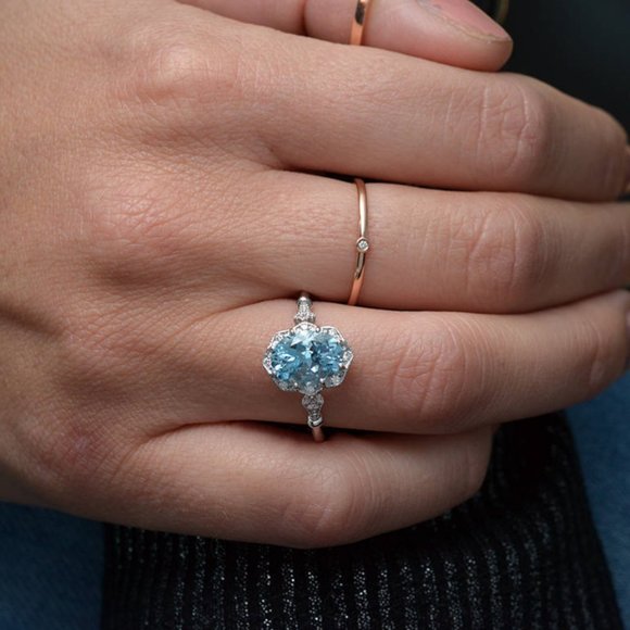 NEW 925 Sterling Silver Aquamarine Diamond Ring - Picture 7 of 7